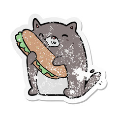 distressed sticker of a cartoon cat with sandwich