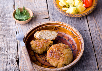 Homemade minced meat on wood.