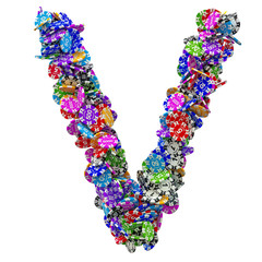 Alphabet letter V from casino tokens. 3D rendering