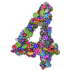 Number 4 from casino tokens. 3D rendering