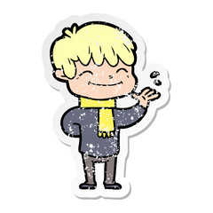 distressed sticker of a cartoon happy boy