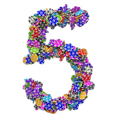 Number 5 from casino tokens. 3D rendering