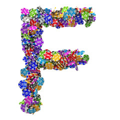 Alphabet letter F from casino tokens. 3D rendering