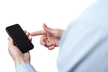 close-up hand touching smartphone screen isolated on white, mock up phone mobile blank screen easy adjustment with clipping path