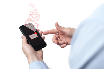 Businessman hand holding smart phone with icon mobile phone, mail, telephone and address. Man's Hand holding a smartphone. A new message received on mobile phone