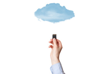 Hand holding SD memory card isolated on white background