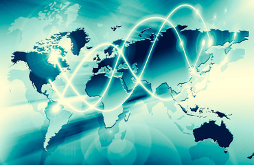World map on a technological background, glowing lines symbols of the Internet, radio, television, mobile and satellite communications.