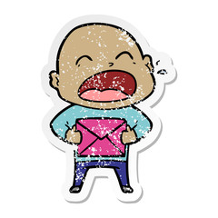 distressed sticker of a cartoon shouting bald man