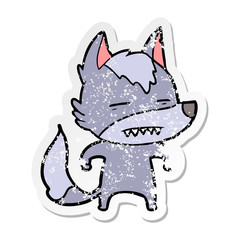 distressed sticker of a cartoon wolf showing teeth
