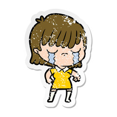 distressed sticker of a cartoon woman crying