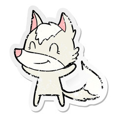 distressed sticker of a friendly cartoon wolf