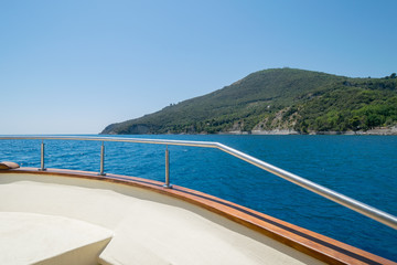 Boat into the blue Mediterranean sea