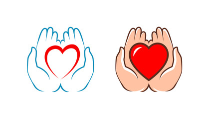 Heart in hands logo. Charity, assistance icon, label. Vector illustration
