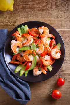 Shrimp, Avocado, Tomato And Cilantro Salad. Overhead, Vertical