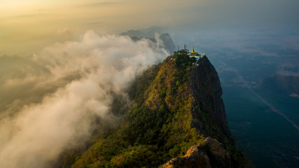 Epic picture at sunrise of monastir in the Mount Zwegabin in Hpa-An, Myanma. Amazing view during sunrise at mountain Zwegabin 