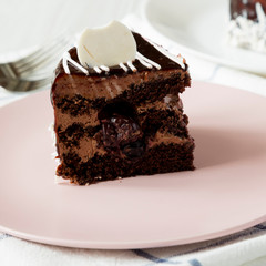 Piece of homemade chocolate cherry cake on a pink plate, side view. Close-up.