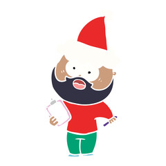 flat color illustration of a bearded man with clipboard and pen wearing santa hat