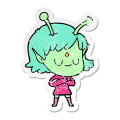 distressed sticker of a cartoon alien girl