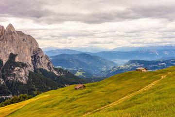 Fototapeta premium Alpe di Siusi, Seiser Alm with Sassolungo Langkofel Dolomite, a close up of a hillside with a mountain in the background