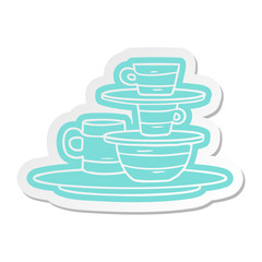 cartoon sticker of colourful bowls and plates