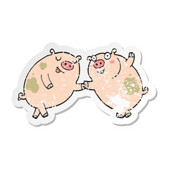 distressed sticker of a cartoon pigs dancing