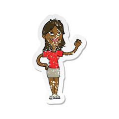 retro distressed sticker of a cartoon woman waving