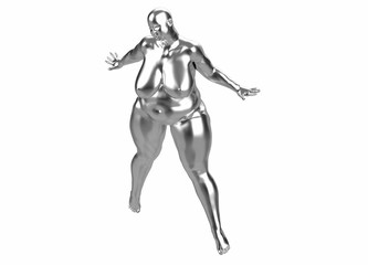 Fototapeta na wymiar Fat girl made of silver. She stands spreading legs and arms in different directions. 3d illustration Concept. Example of obesity and healthy lifestyle issues. three-quarter view from above