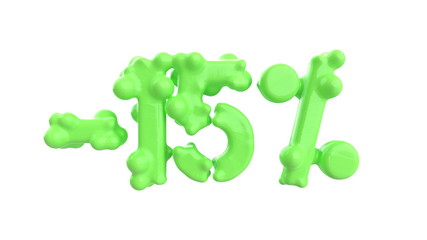 The sign -15off. Made of trendy fresh green matte metal material isolate on white background. 3d illustration