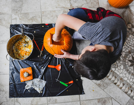 High angle view of boy removing seeds from pumpkin at home - Powered by Adobe