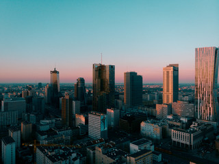Warsaw, Poland / 02.03.2019 Skyline Sunrise Aerial Drone Sunset Shot Downtown