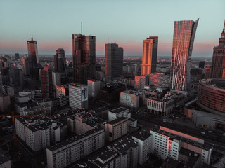 Warsaw, Poland / 02.03.2019 Skyline Sunrise Aerial Drone Sunset Shot Downtown