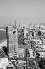 Bird's eye and aerial drone view of Abu Dhabi city from observation deck