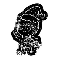 cartoon distressed icon of a grumpy boy wearing santa hat