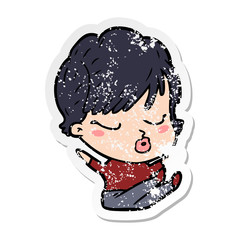 distressed sticker of a cartoon woman with eyes shut