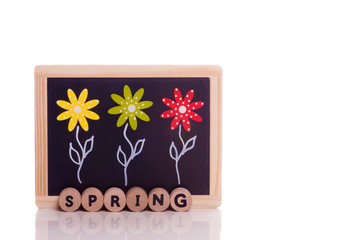 Three flowers on blackboard and text - spring on a white background