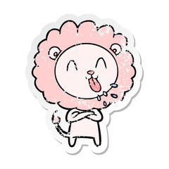 distressed sticker of a happy cartoon lion