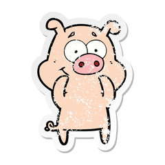 distressed sticker of a happy cartoon pig