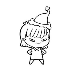 line drawing of a woman wearing santa hat