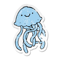 distressed sticker of a cartoon happy jellyfish