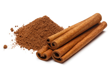 Cinnamon sticks and powder, isolated on white background