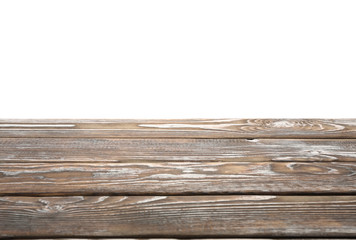 Wooden table surface against white background, space for text