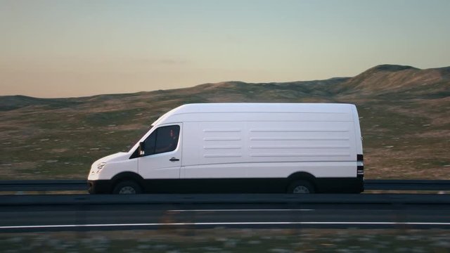 A white delivery van passes the camera driving on a highway into the sunset, side-view camera tracking and panning to follow the van. Realistic high quality 3d animation.