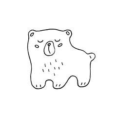 Cute cartoon hand drawn bear drawing. Sweet vector black and white bear drawing. Isolated monochrome doodle bear drawing on white background.
