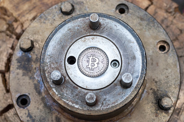 blank bitcoin cliche for blacksmith forge. metal bitcoin template. making real btc coin
