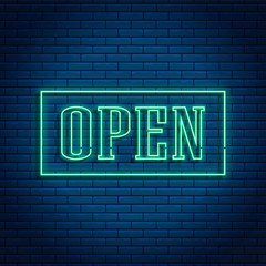 Fototapeta na wymiar Neon open 24/7 glowing bright sign. Open shop, store or bar icon, text, banner in neon style.