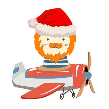 Cartoon lion fly on a airplane. Image for children clothes, postcards.