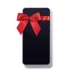 Black smartphone with bow isolated on white background. Cell phone gift design. Mobile phone template. Vector illustration