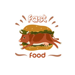 Fast food of animal origin. Burger with beef and lettuce. Protest of vegetarianism. Animal protection concept. Flat vector illustration with text.