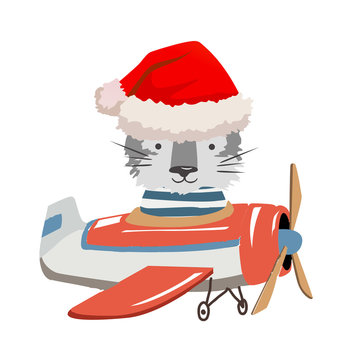 Cartoon wolf fly on a airplane. Image for children clothes, postcards.
