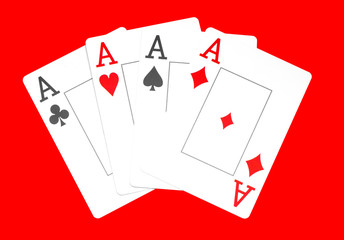 The combination of playing cards poker casino, Isolated on red background, aces